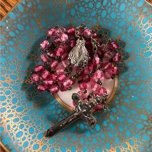 Vintage Pink Crystal and Silver Rosary Beads Cross Necklace